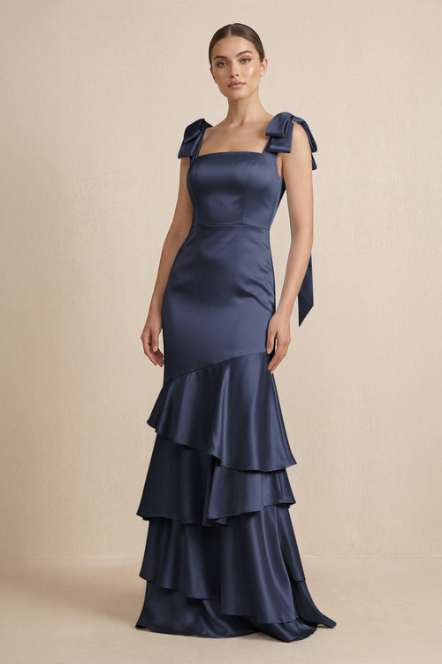 Tiered Maxi Satin Bridesmaid Dress with Bow Straps in Dark Navy - KissProm Bridesmaid Dresses