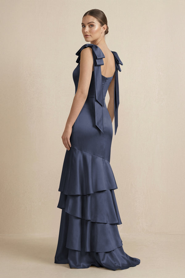 Tiered Maxi Satin Bridesmaid Dress with Bow Straps in Dark Navy - KissProm Bridesmaid Dresses