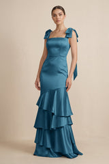 Tiered Maxi Satin Bridesmaid Dress with Bow Straps in Dark Teal - KissProm Bridesmaid Dresses