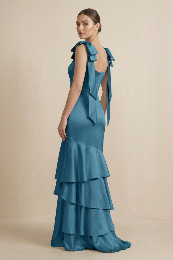 Tiered Maxi Satin Bridesmaid Dress with Bow Straps in Dark Teal - KissProm Bridesmaid Dresses