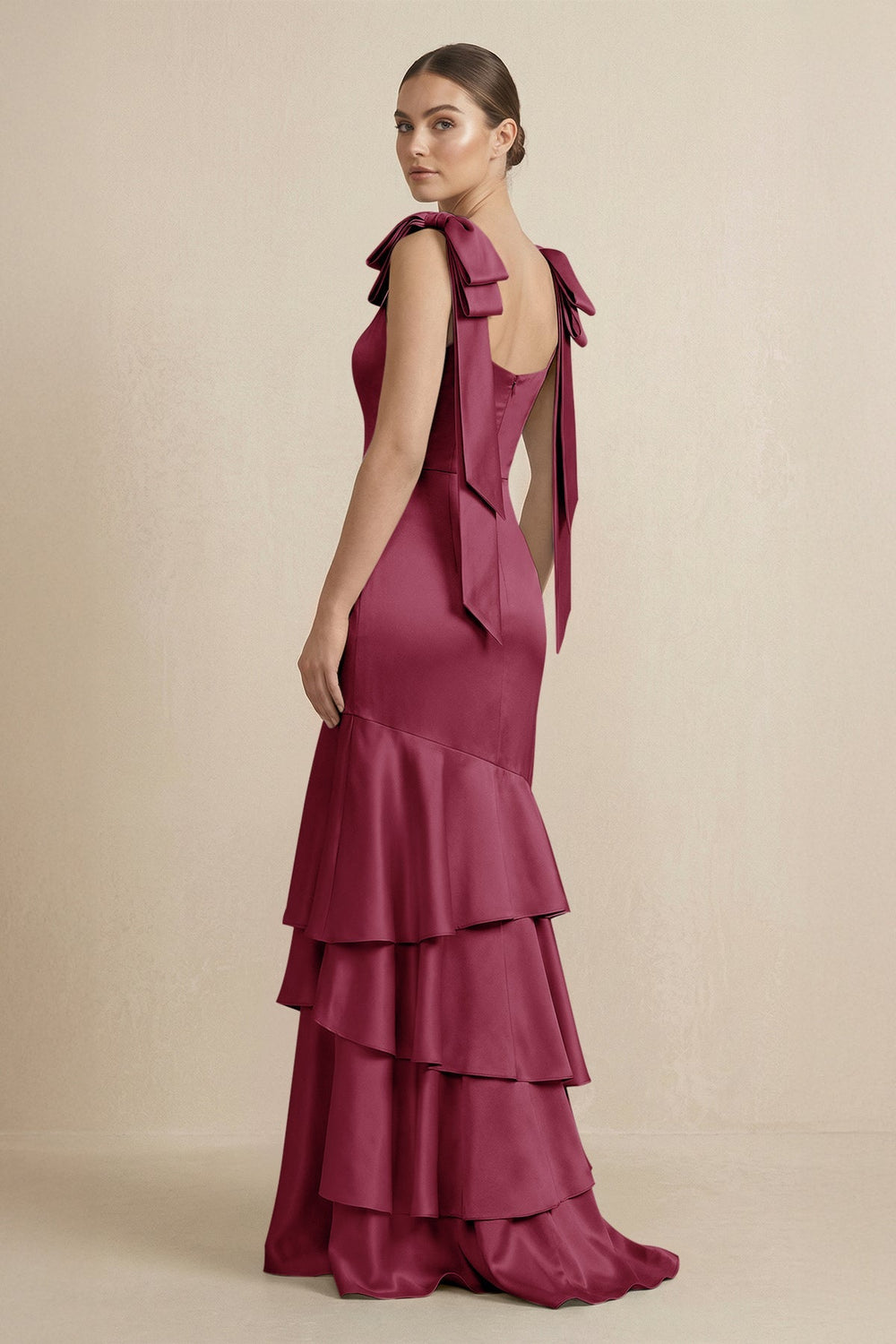 Tiered Maxi Satin Bridesmaid Dress with Bow Straps in Desert Rose - KissProm Bridesmaid Dresses