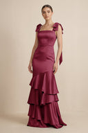 Tiered Maxi Satin Bridesmaid Dress with Bow Straps in Desert Rose - KissProm Bridesmaid Dresses