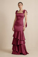 Tiered Maxi Satin Bridesmaid Dress with Bow Straps in Desert Rose - KissProm Bridesmaid Dresses