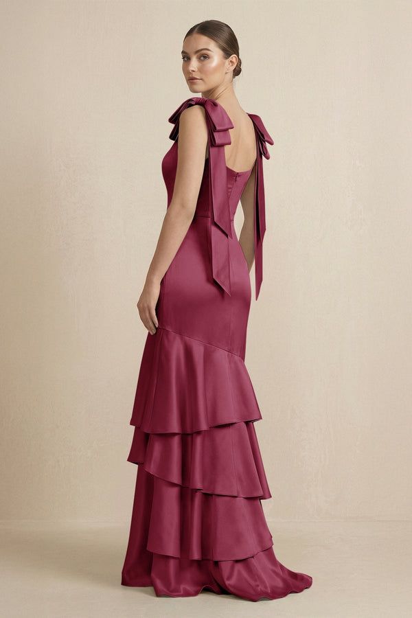 Tiered Maxi Satin Bridesmaid Dress with Bow Straps in Desert Rose - KissProm Bridesmaid Dresses
