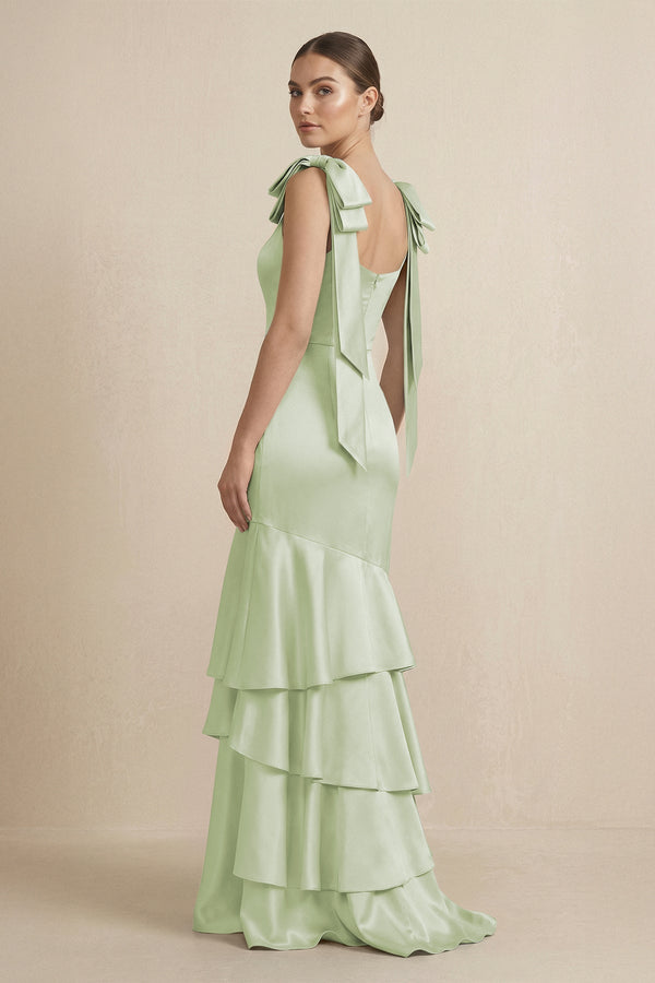 Tiered Maxi Satin Bridesmaid Dress with Bow Straps in Dusty Sage - KissProm Bridesmaid Dresses