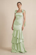Tiered Maxi Satin Bridesmaid Dress with Bow Straps in Dusty Sage - KissProm Bridesmaid Dresses