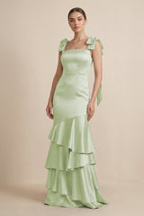 Tiered Maxi Satin Bridesmaid Dress with Bow Straps in Dusty Sage - KissProm Bridesmaid Dresses