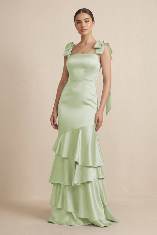Tiered Maxi Satin Bridesmaid Dress with Bow Straps in Dusty Sage - KissProm Bridesmaid Dresses