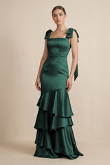 Tiered Maxi Satin Bridesmaid Dress with Bow Straps in Emerald - KissProm Bridesmaid Dresses
