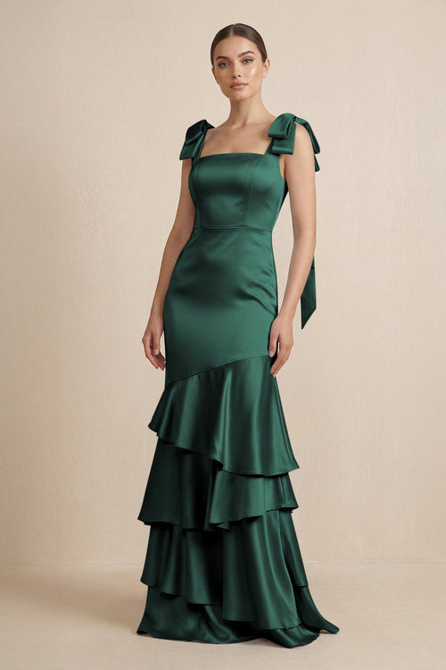 Tiered Maxi Satin Bridesmaid Dress with Bow Straps in Emerald - KissProm Bridesmaid Dresses