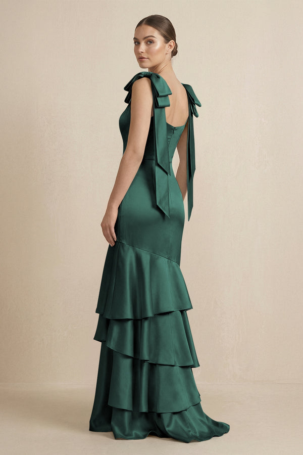 Tiered Maxi Satin Bridesmaid Dress with Bow Straps in Emerald - KissProm Bridesmaid Dresses