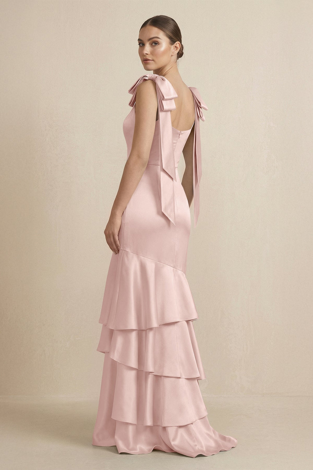 Tiered Maxi Satin Bridesmaid Dress with Bow Straps in English Rose - KissProm Bridesmaid Dresses