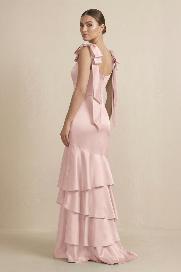 Tiered Maxi Satin Bridesmaid Dress with Bow Straps in English Rose - KissProm Bridesmaid Dresses