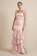 Tiered Maxi Satin Bridesmaid Dress with Bow Straps in English Rose - KissProm Bridesmaid Dresses