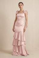 Tiered Maxi Satin Bridesmaid Dress with Bow Straps in English Rose - KissProm Bridesmaid Dresses