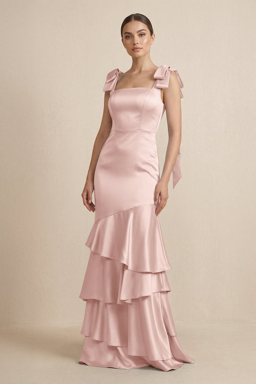 Tiered Maxi Satin Bridesmaid Dress with Bow Straps in English Rose - KissProm Bridesmaid Dresses