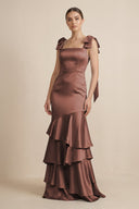Tiered Maxi Satin Bridesmaid Dress with Bow Straps in Espresso - KissProm Bridesmaid Dresses