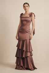 Tiered Maxi Satin Bridesmaid Dress with Bow Straps in Espresso - KissProm Bridesmaid Dresses