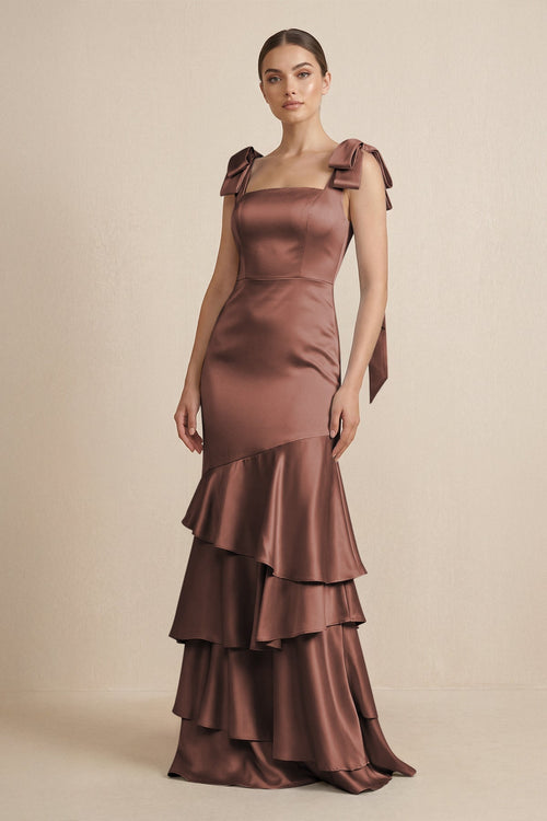 Tiered Maxi Satin Bridesmaid Dress with Bow Straps in Espresso - KissProm Bridesmaid Dresses