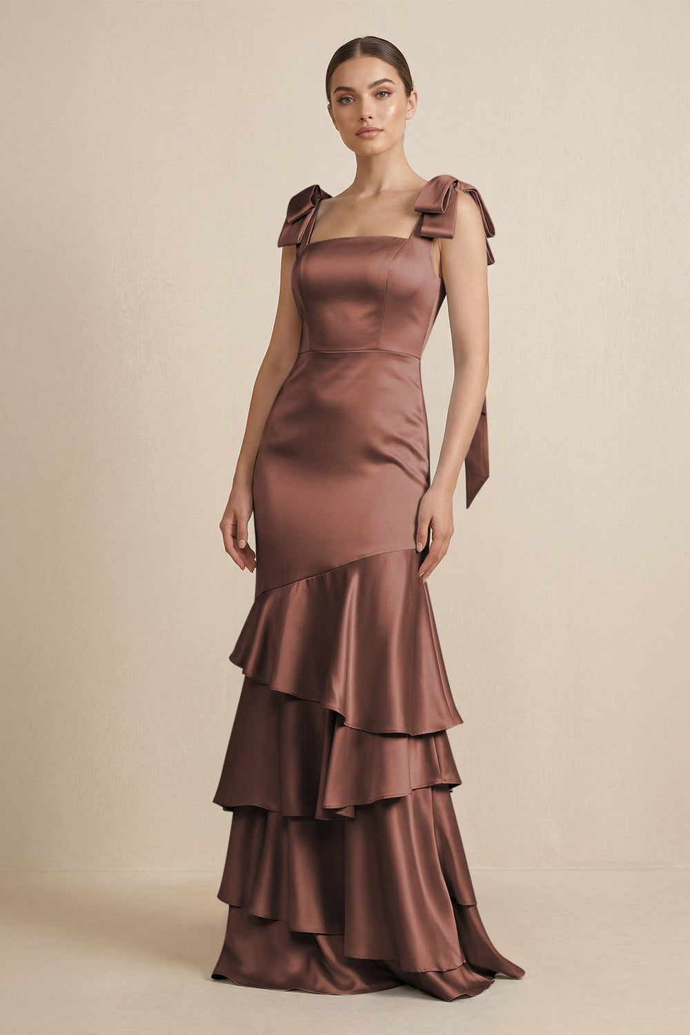 Tiered Maxi Satin Bridesmaid Dress with Bow Straps in Espresso - KissProm Bridesmaid Dresses