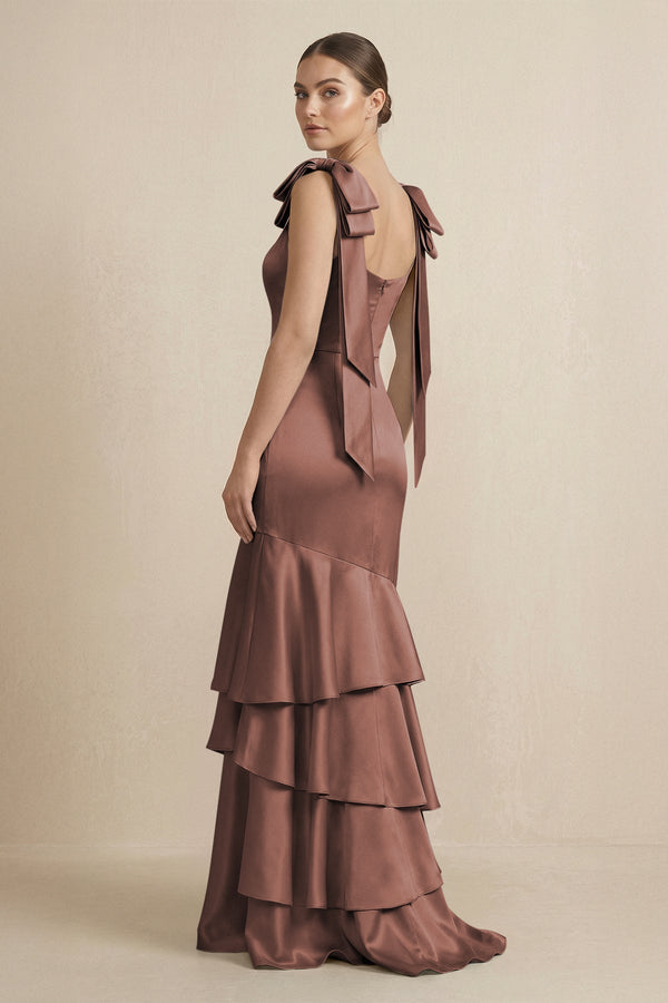Tiered Maxi Satin Bridesmaid Dress with Bow Straps in Espresso - KissProm Bridesmaid Dresses