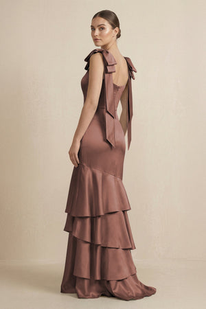 Tiered Maxi Satin Bridesmaid Dress with Bow Straps in Espresso - KissProm Bridesmaid Dresses