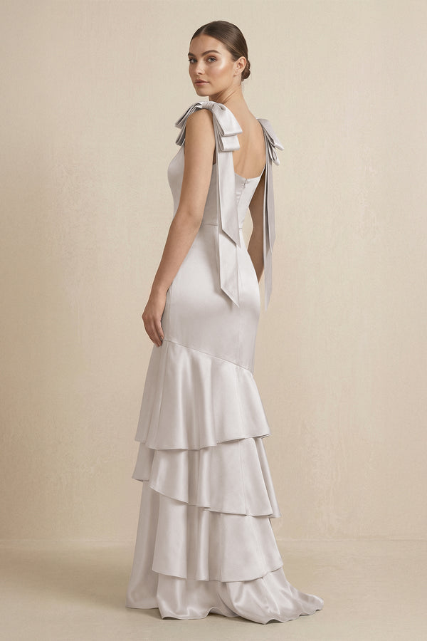 Tiered Maxi Satin Bridesmaid Dress with Bow Straps in Frost - KissProm Bridesmaid Dresses