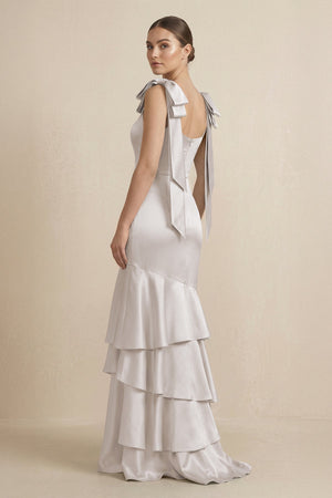 Tiered Maxi Satin Bridesmaid Dress with Bow Straps in Frost - KissProm Bridesmaid Dresses