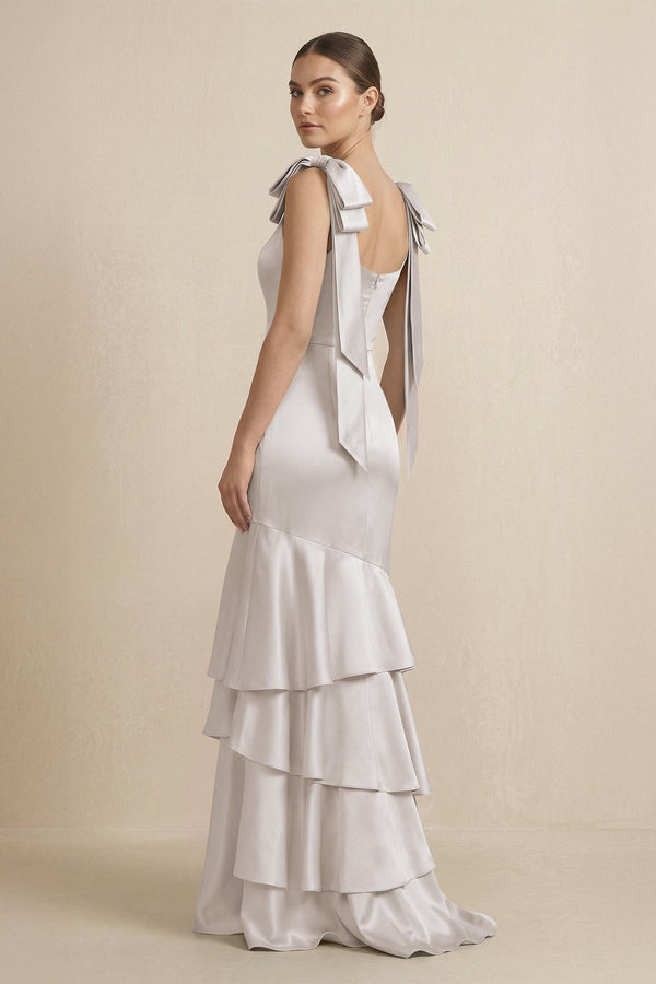 Tiered Maxi Satin Bridesmaid Dress with Bow Straps in Frost - KissProm Bridesmaid Dresses