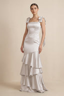 Tiered Maxi Satin Bridesmaid Dress with Bow Straps in Frost - KissProm Bridesmaid Dresses