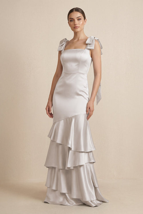 Tiered Maxi Satin Bridesmaid Dress with Bow Straps in Frost - KissProm Bridesmaid Dresses