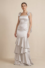 Tiered Maxi Satin Bridesmaid Dress with Bow Straps in Frost - KissProm Bridesmaid Dresses