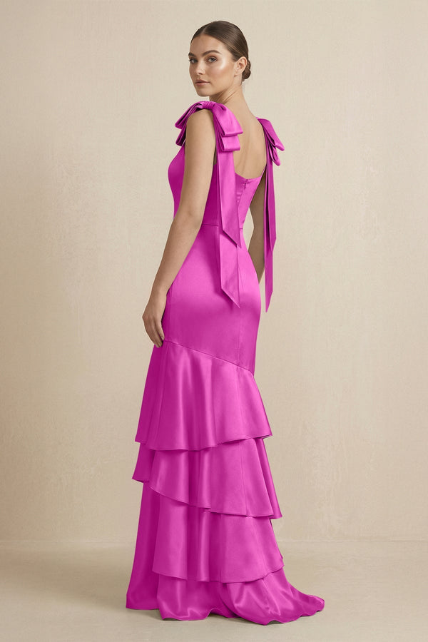 Tiered Maxi Satin Bridesmaid Dress with Bow Straps in Fuchsia - KissProm Bridesmaid Dresses