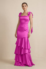 Tiered Maxi Satin Bridesmaid Dress with Bow Straps in Fuchsia - KissProm Bridesmaid Dresses