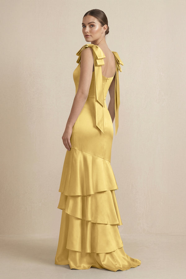Tiered Maxi Satin Bridesmaid Dress with Bow Straps in Gold - KissProm Bridesmaid Dresses