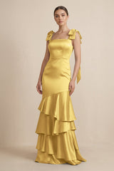 Tiered Maxi Satin Bridesmaid Dress with Bow Straps in Gold - KissProm Bridesmaid Dresses