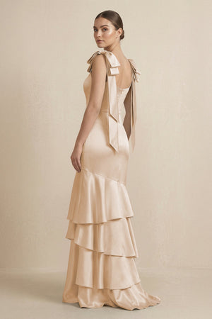 Tiered Maxi Satin Bridesmaid Dress with Bow Straps in Golden Champagne - KissProm Bridesmaid Dresses