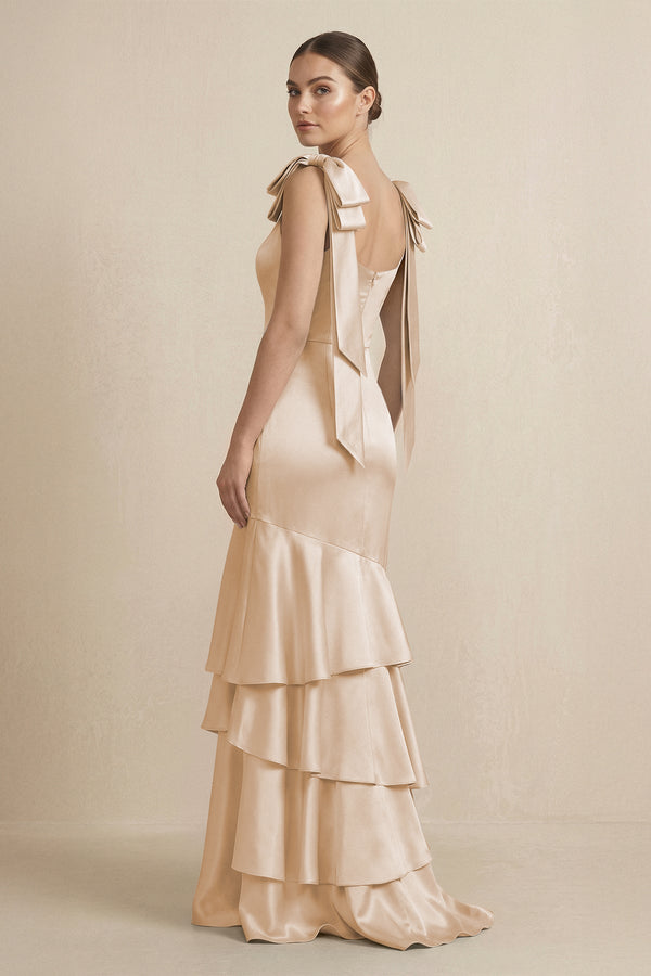 Tiered Maxi Satin Bridesmaid Dress with Bow Straps in Golden Champagne - KissProm Bridesmaid Dresses