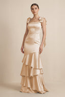 Tiered Maxi Satin Bridesmaid Dress with Bow Straps in Golden Champagne - KissProm Bridesmaid Dresses