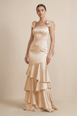 Tiered Maxi Satin Bridesmaid Dress with Bow Straps in Golden Champagne - KissProm Bridesmaid Dresses