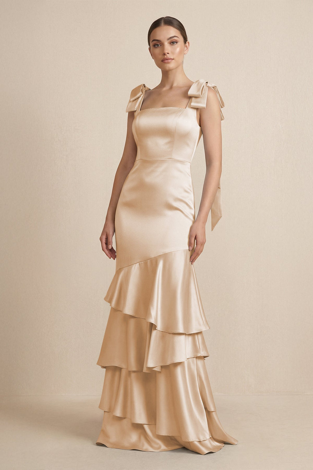 Tiered Maxi Satin Bridesmaid Dress with Bow Straps in Golden Champagne - KissProm Bridesmaid Dresses