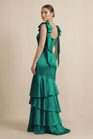 Tiered Maxi Satin Bridesmaid Dress with Bow Straps in Green - KissProm Bridesmaid Dresses