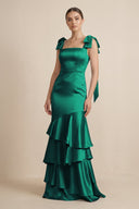 Tiered Maxi Satin Bridesmaid Dress with Bow Straps in Green - KissProm Bridesmaid Dresses