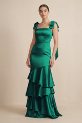 Tiered Maxi Satin Bridesmaid Dress with Bow Straps in Green - KissProm Bridesmaid Dresses