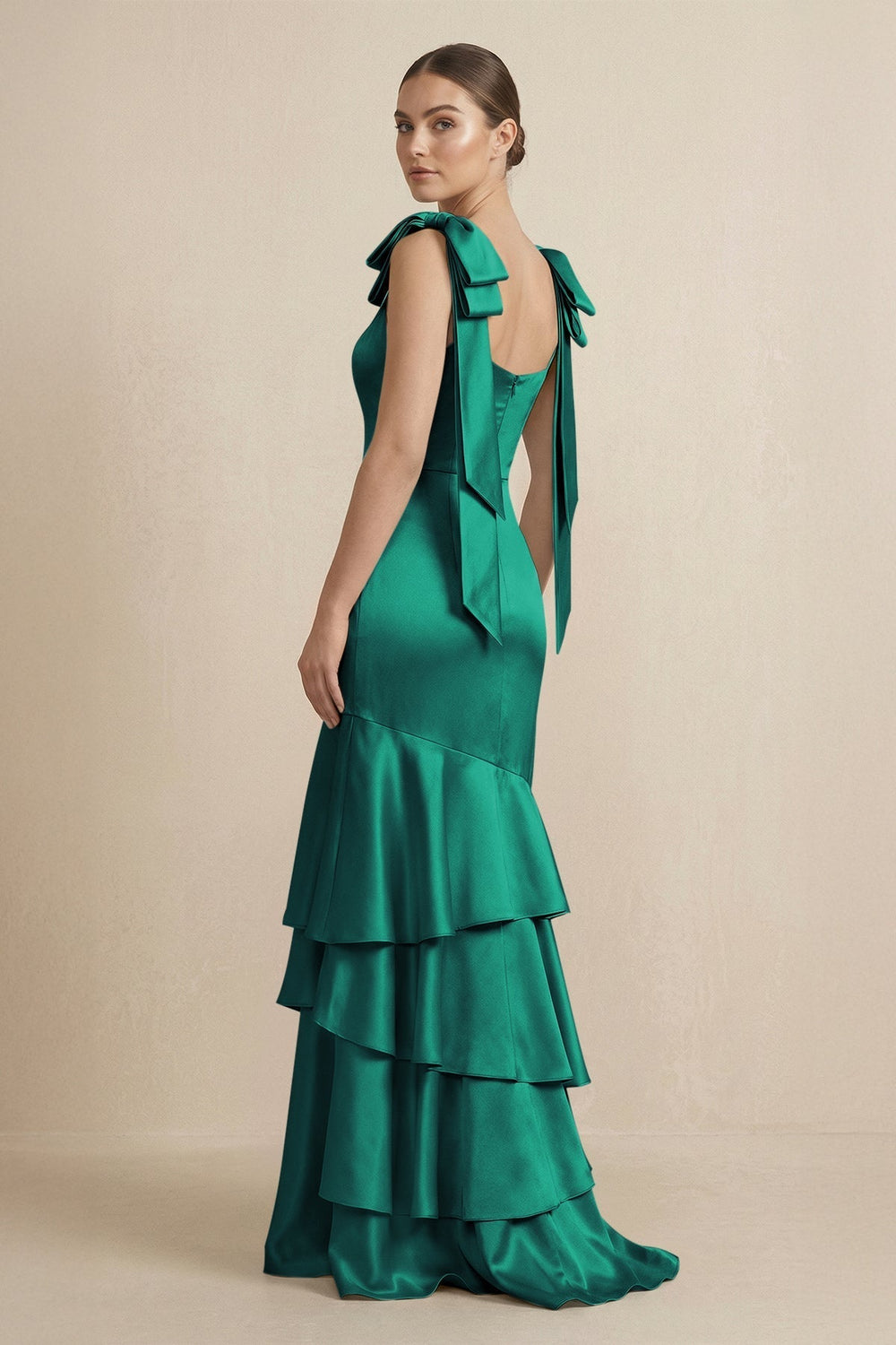 Tiered Maxi Satin Bridesmaid Dress with Bow Straps in Green - KissProm Bridesmaid Dresses
