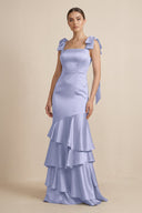 Tiered Maxi Satin Bridesmaid Dress with Bow Straps in Lavender - KissProm Bridesmaid Dresses