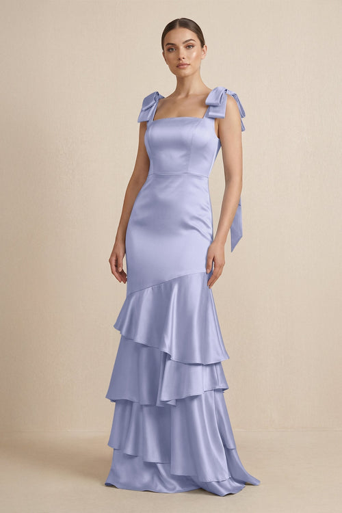 Tiered Maxi Satin Bridesmaid Dress with Bow Straps in Lavender - KissProm Bridesmaid Dresses