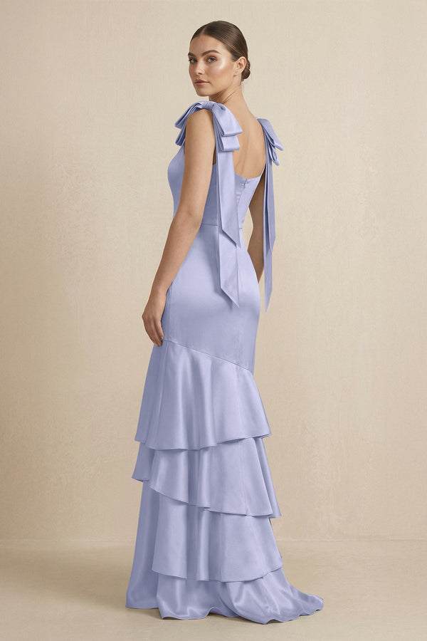 Tiered Maxi Satin Bridesmaid Dress with Bow Straps in Lavender - KissProm Bridesmaid Dresses