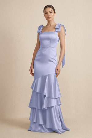 Tiered Maxi Satin Bridesmaid Dress with Bow Straps in Lavender - KissProm Bridesmaid Dresses