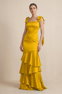 Tiered Maxi Satin Bridesmaid Dress with Bow Straps in Marigold - KissProm Bridesmaid Dresses